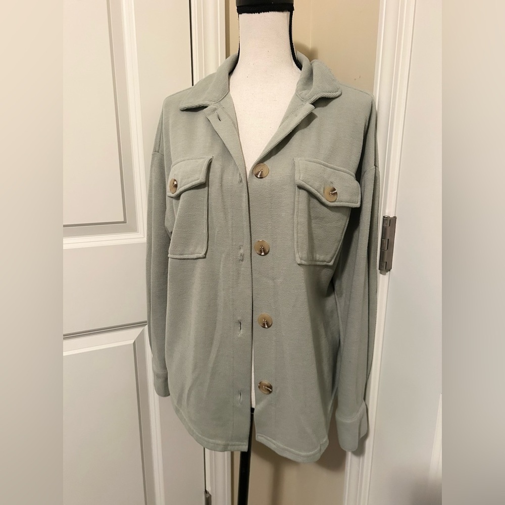 Hippie Rose Light Green Utility ribbed button down shacket